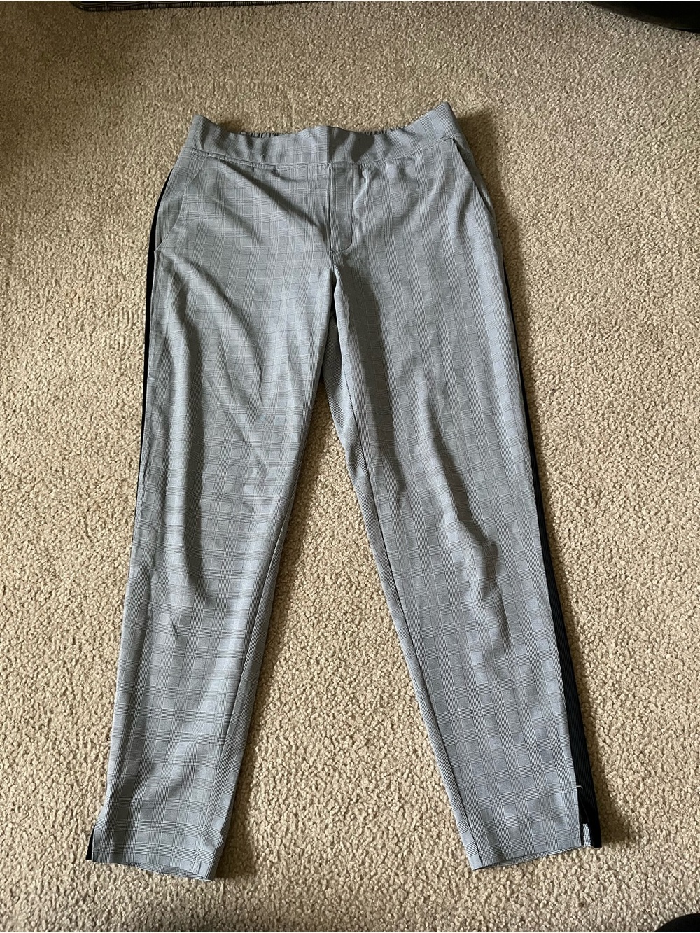 Gray Plaid Women’s Athleta Brooklyn ankle pant with Black Side Stripe